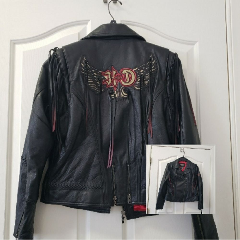 Harley-Davidson Black Leather Biker Jacket with Red and Gold Details